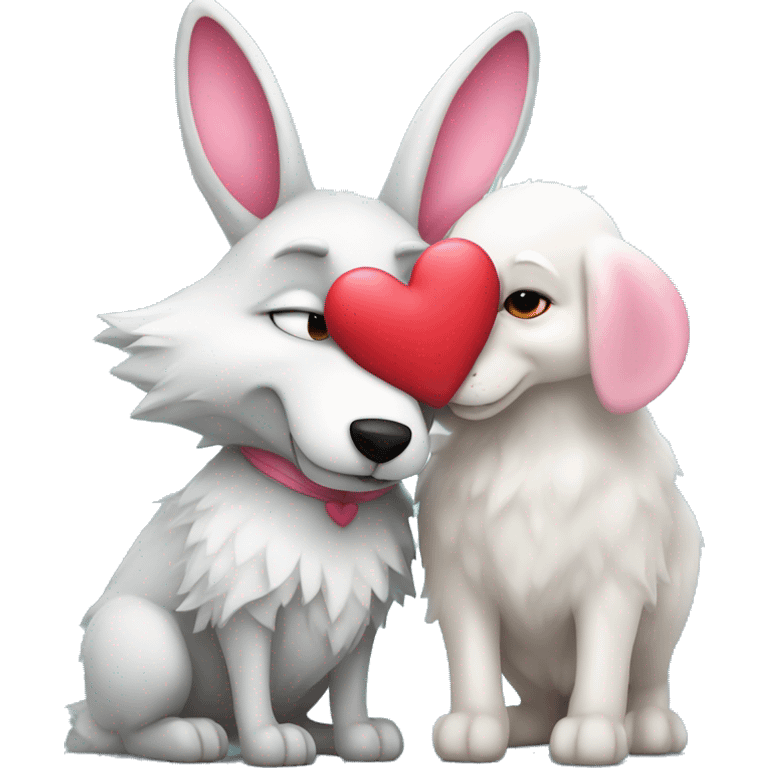 Old Wolf kissing white Bunny with pink ears, with big red heart between them  emoji