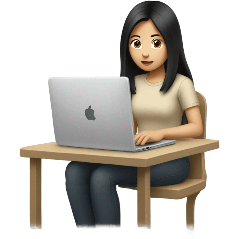 Asian beautiful girl, beige t-shirt, with long black hair, typing on laptop emoji