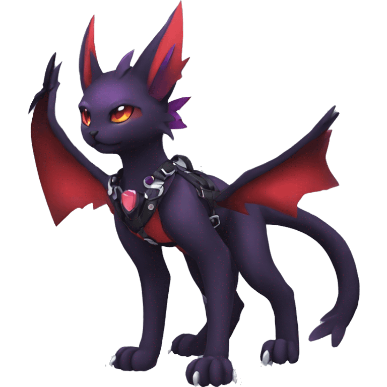 Kawaii cool edgy beautiful elegant black red purple fantasy nargacuga-noivern-cat-Fakemon collar harness full body emoji