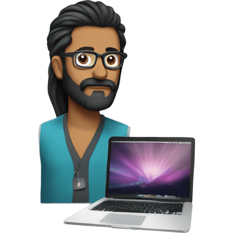 indian man hair in a manbun, beard, glasses with macbook computer  emoji