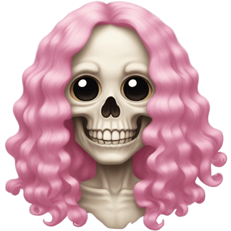 Skull wearing a long, wavy, pastel pink wig emoji