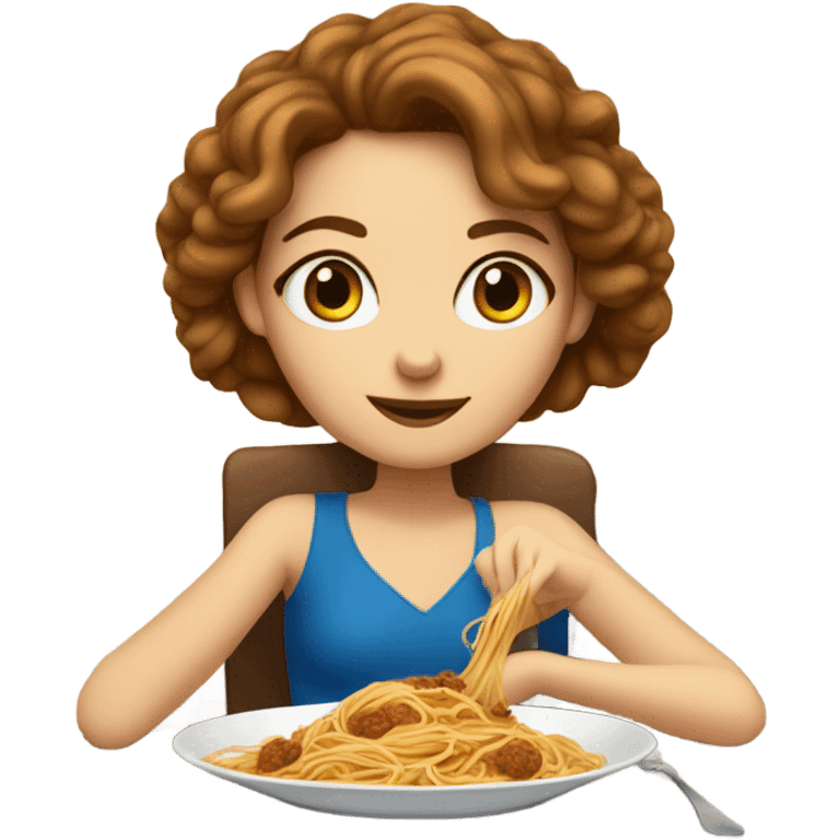 White girl blue eyes brown hair eating spaghetti  emoji