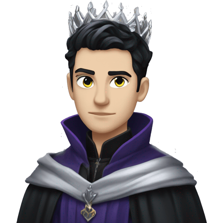 Rhysand has straight short blue-black hair, like a raven's feathers and violet eyes with flecks of silver like starlight, he wears a black cloak and a black and silver crown emoji