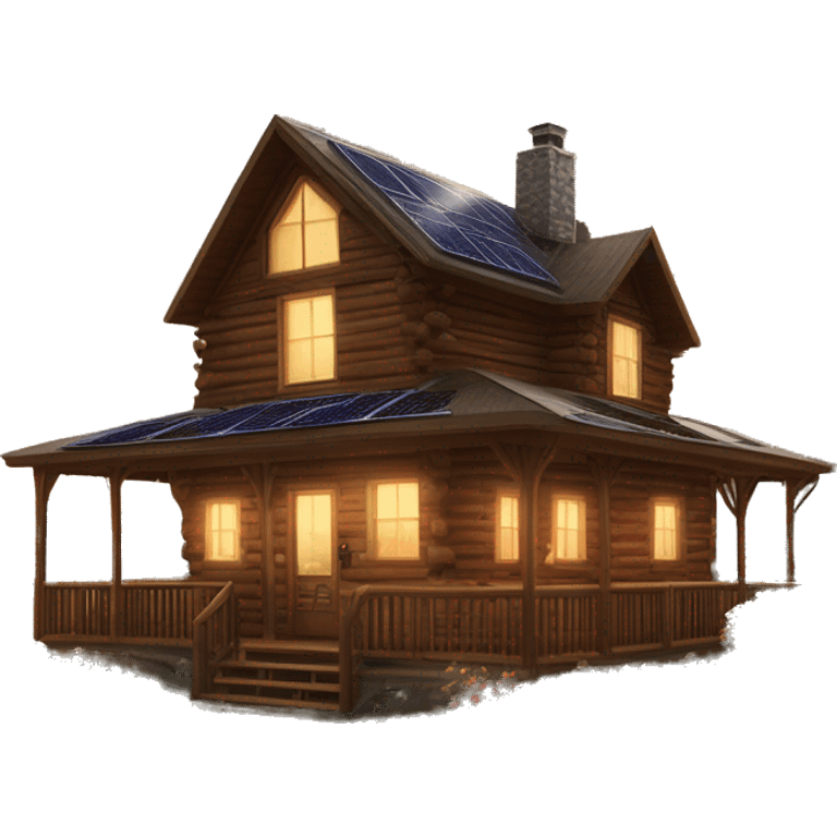 Skywalker Cabin is a very Very big Wood Cabin near tree on the mountain in the background. The cabin is 5 stories tall with extensive solar arrays on top. The cabin sits on thick grass fields. porch lights on ,guests on porch smoking ,flowers and bushes  emoji