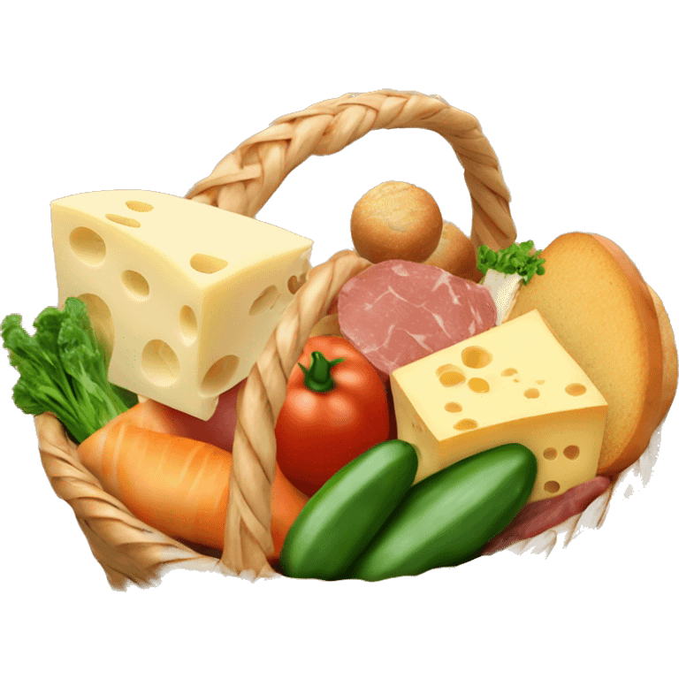 basket filled with cheese meat bread vegetables emoji