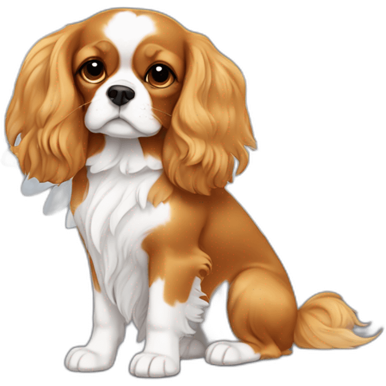 Full-body Golden King Charles cavalier with angel wings and a halo emoji