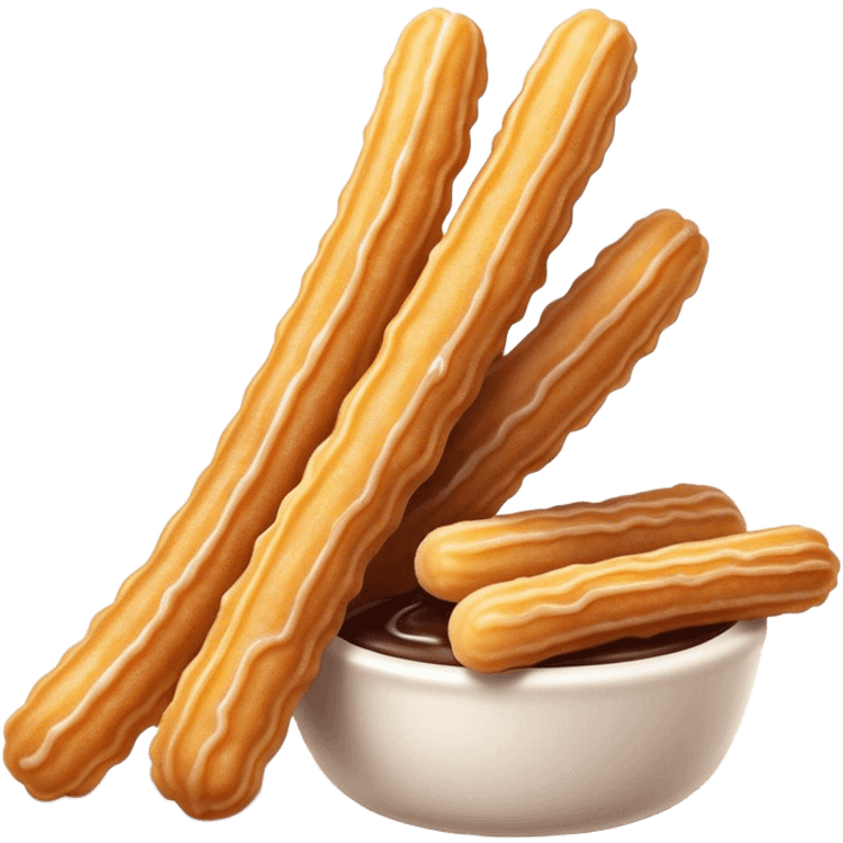 Cinematic Realistic Churros Dessert Emoji, showcasing crispy, golden-brown fried dough sticks dusted with sugar rendered with lifelike detail and warm, inviting lighting. emoji