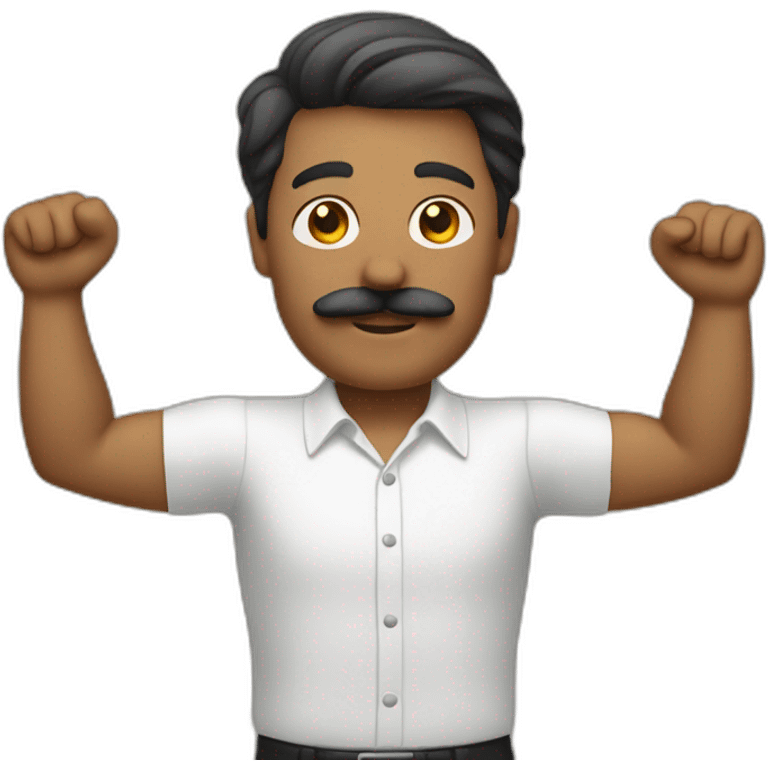 man with mustache and his right arm in the air emoji