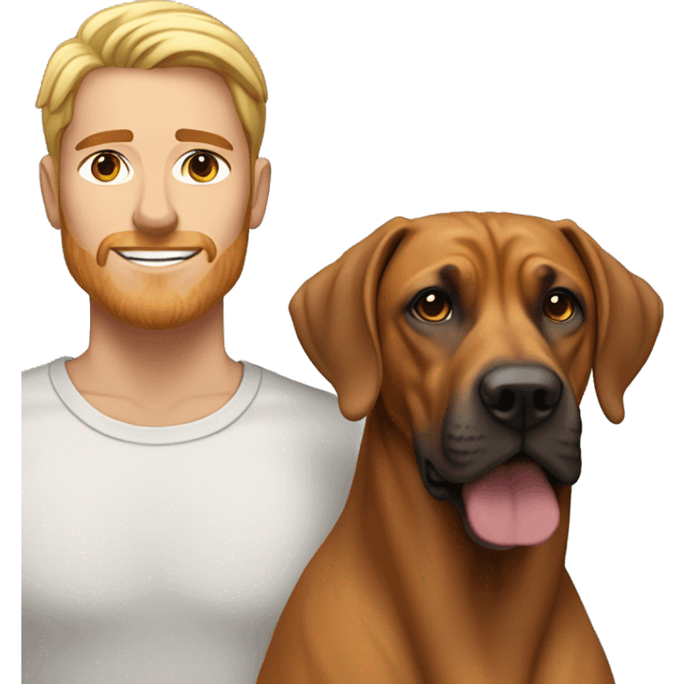 white male with long rainbow colored hair standing alongside a brown rhodesian ridgeback emoji