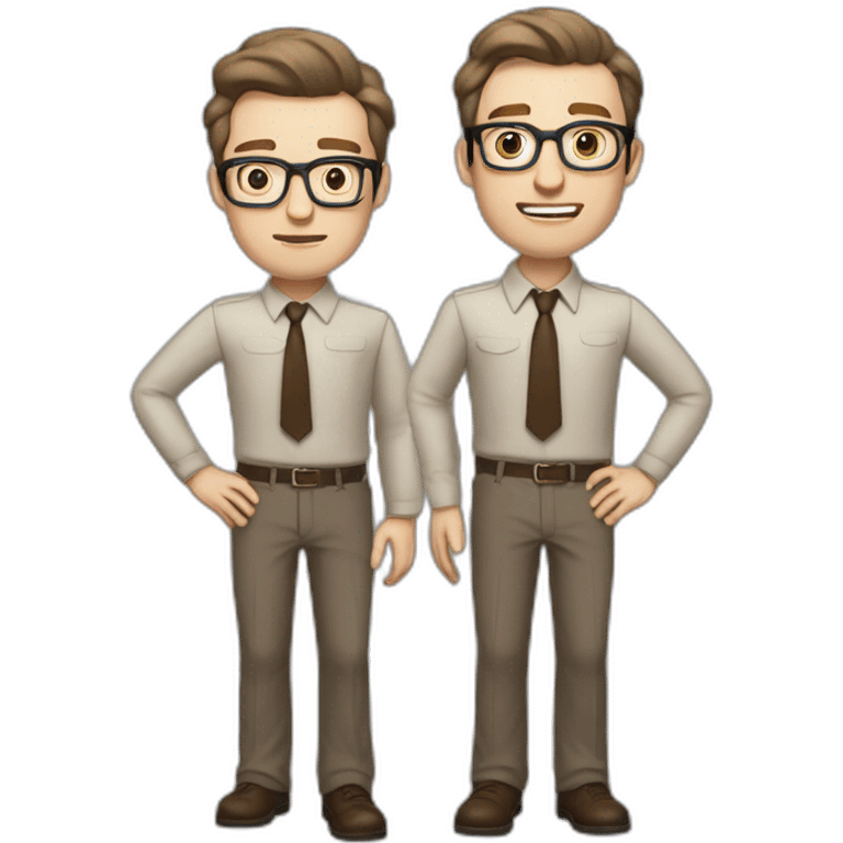 Full height Actively Gesturing Pale skinned fit man with dark brown hair in gray jacket, beige office shirt, brown tie, brown pants and vintage glasses. emoji