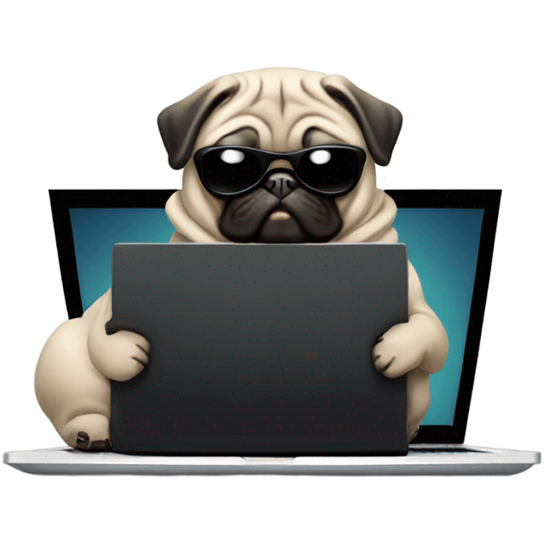 Pug wearing a black hoodie and using a laptop and wearing sunglasses emoji