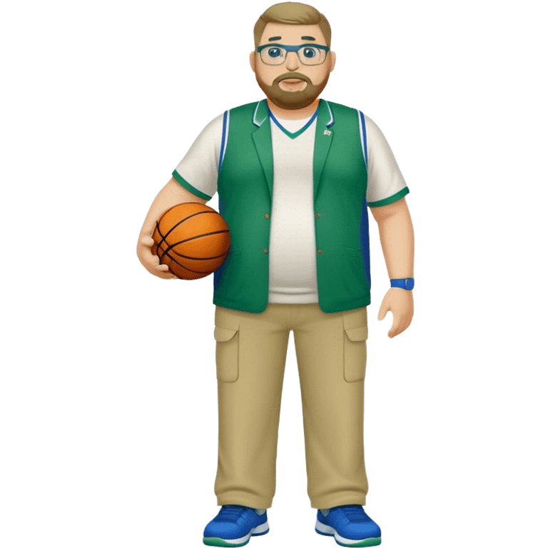 full body white obese male basketball coach with trophy. Goatee , Wearing glasses and blue and green polio and khaki pants emoji