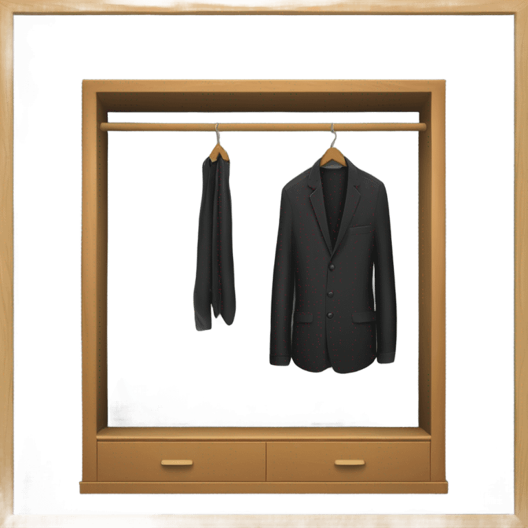 Design an emoji-style icon of an open wardrobe with clothes hanging inside. Include details like a wooden frame, hangers, and black clothing items such as shirts or any other clothing . Use a clean and minimalistic design. emoji