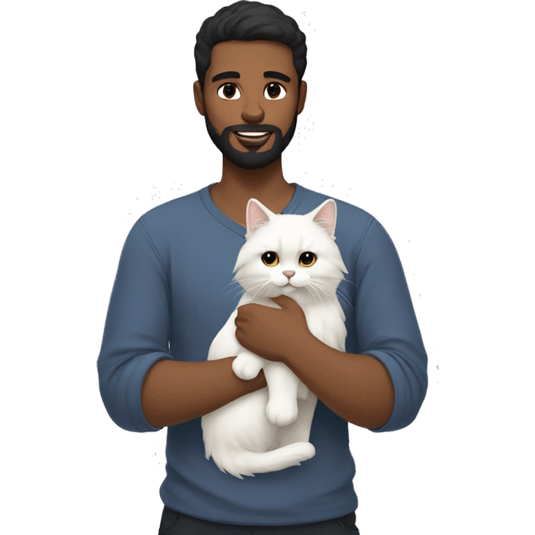 a man with black short hair and beard holding a white siberian cat emoji