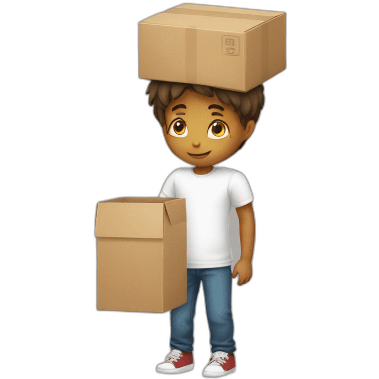 boy in white t-shirt with a box on his head emoji