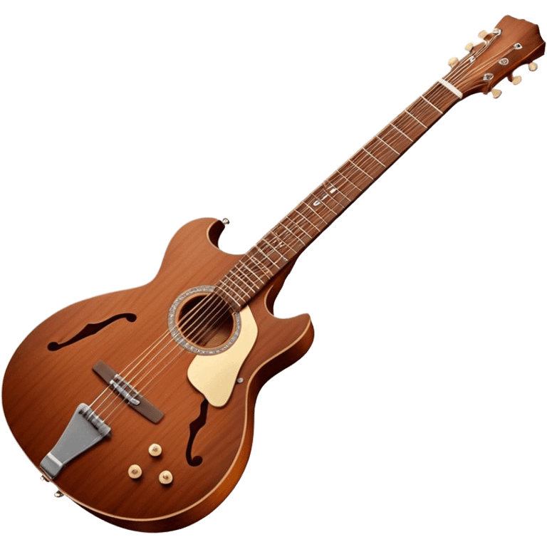 Cinematic Realistic Guitar, smooth mahogany body with deep wood grain, metal strings catching soft reflections, intricate tuning pegs gleaming subtly, warm light accentuating the contours, glowing with the warmth of music and craftsmanship. emoji