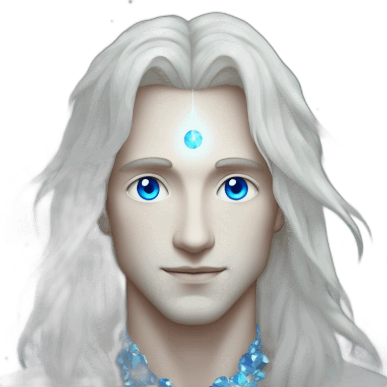 male nordic pleiadian with long white hair and blue eyes, crystal necklace emoji