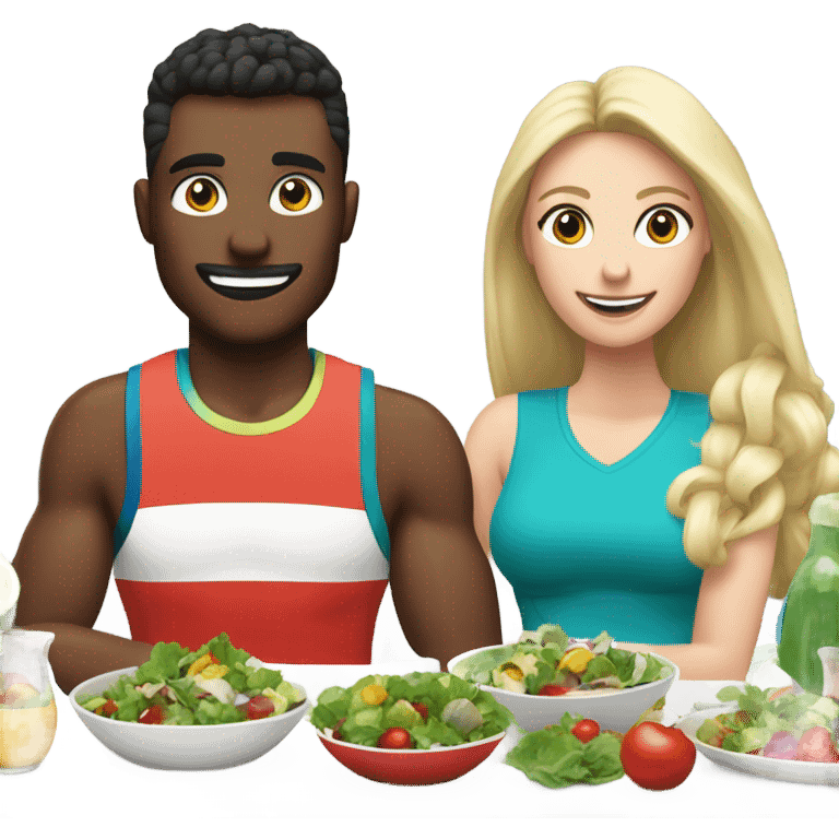 emoji Sporty white couple, man and woman in sportswear, sitting at Christmas festive dinner table only salads. behind them is a Christmas tree emoji