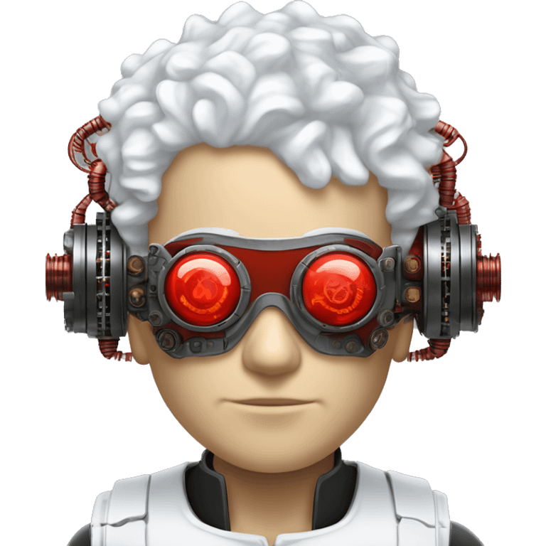 White curly hair male cyborg head with red steampunk goggles and circuits emoji