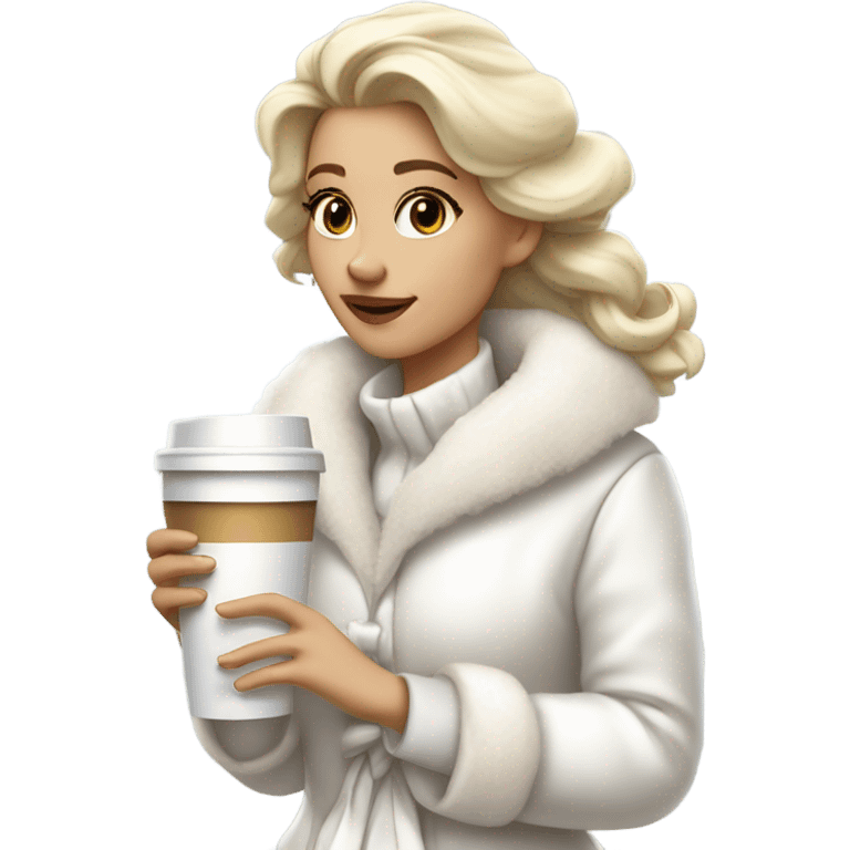 blonde girl wearing white fluffy jacket and a coffee to go in hand all dress white and a white bow on hair emoji