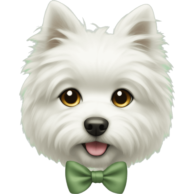 A cute white fluffy dog with a sage green bow emoji