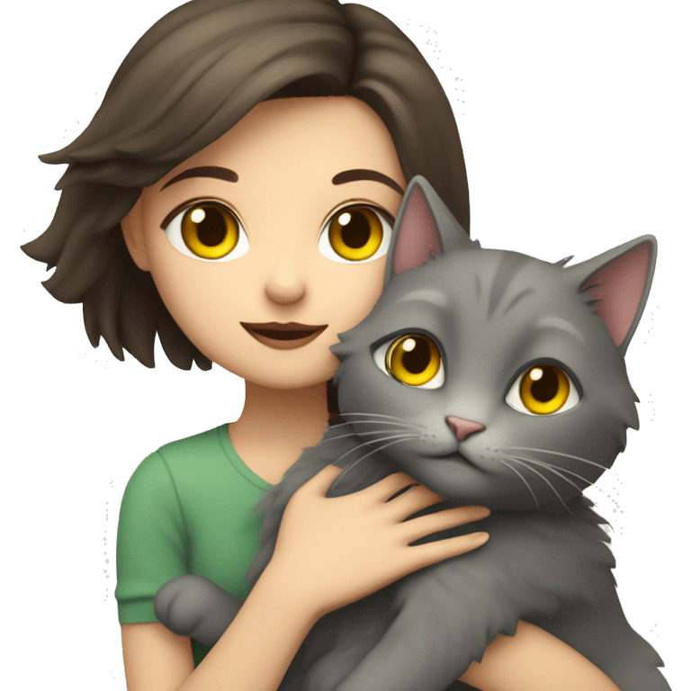 A brunette girl with green eyes and fair skin hugs a gray fluffy cat with yellow eyes emoji