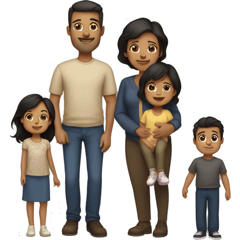 Family of 4. Father tall with dark short hair. Mom is short with long brown hair. Toddler with brown hair and baby with black hair  emoji