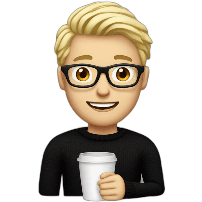 Blonde man in black jumper with clear glasses holding a white coffee cup emoji