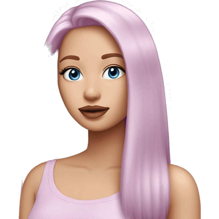 a beautiful girl with fair skin, blue eyes and long straight soft pink hair, with soft pink lipstick. in a lilac fashionable top emoji