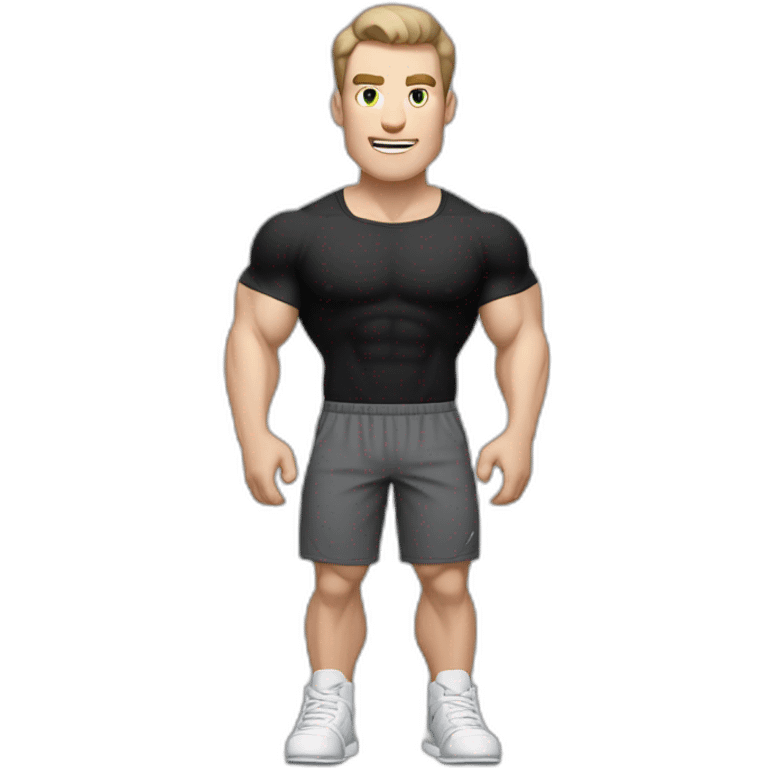 amazed Pale skinned Fit Man With the biceps and dark brown hair in black shirt, gray sports shorts and white Sneakers emoji