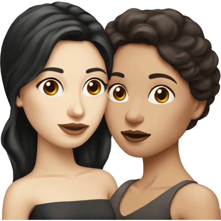 Woman with long straight black hair kissing woman with short curled dark brown hair. Both with pale complexion emoji