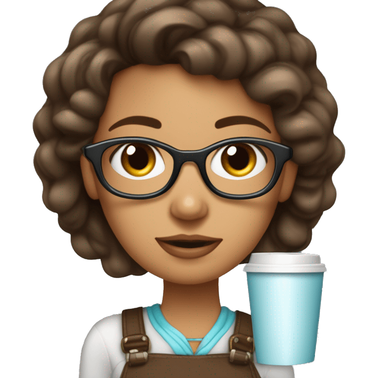 Mujer joven que tiene el pelo café tomado y con rulos, ojos café, aro en la nariz, polera celeste y lentes emoji