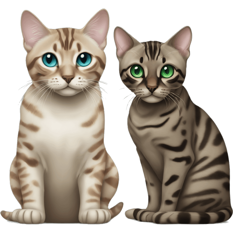 Seal Bengal cat with Blue eyes + charcoal Sepia bengal cat with Green eyes sitting  emoji