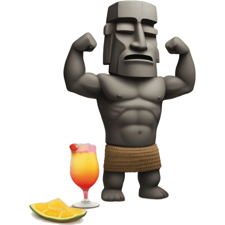 MOAI FLEXING MUSCLE ON BEACH VACATION WITH COCKTAIL emoji