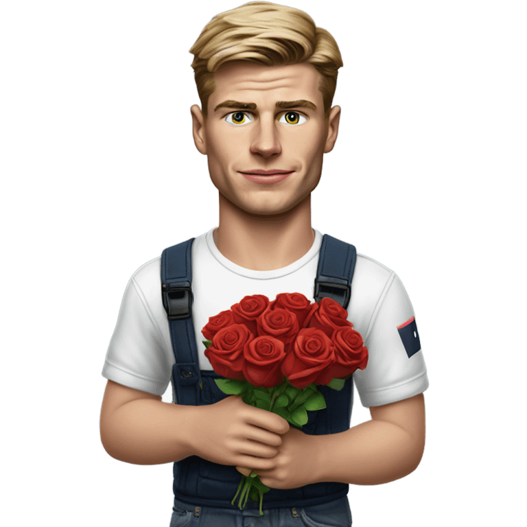 realistic photo of max verstappen in normal clothes holding roses and chocolates emoji