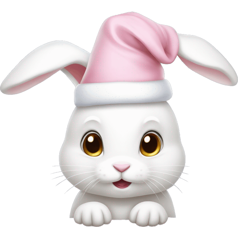 White bunny rabbit with a light pink Santa hat on it emoji