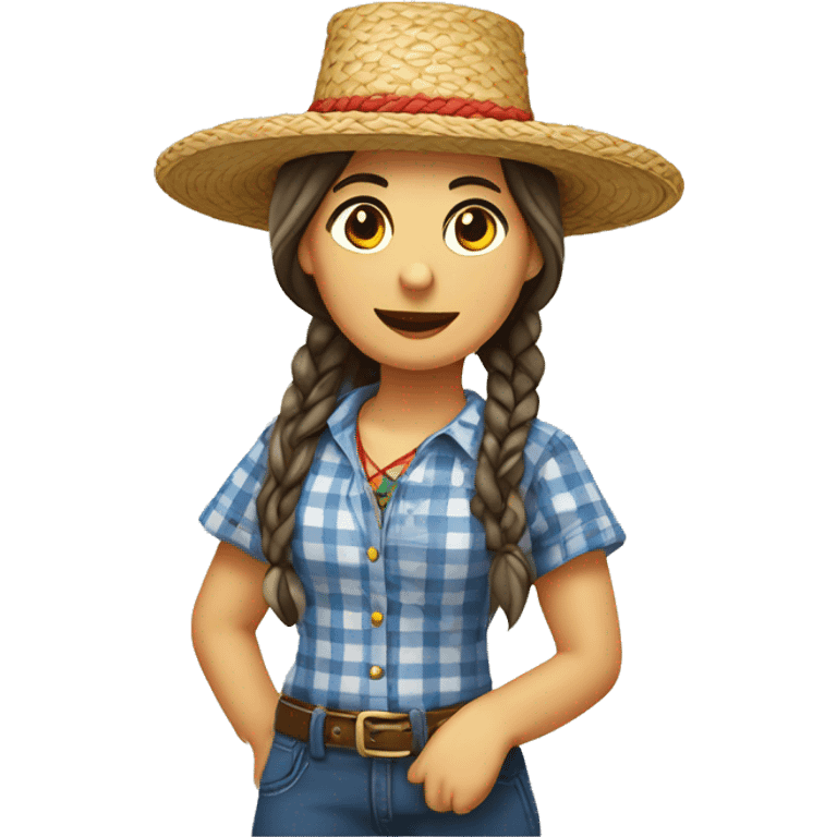 Festa Junina country woman with straw hat, braided hair, checkered clothes, white skin emoji