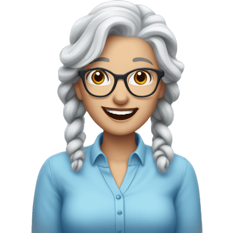 A laughing white gray-haired woman with a long gray braid in a blue scoop-necked shirt with blue glasses perched on her head. Her lipstick is red emoji