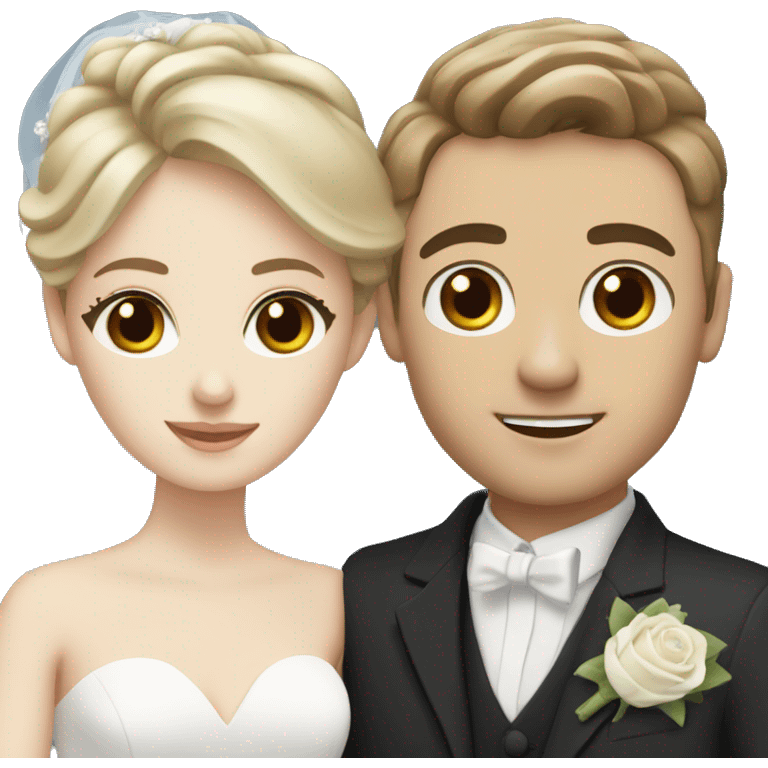 Wedding couple, white groom with brown hair, brown eyes, white bride with blonde hair and blue eyes emoji