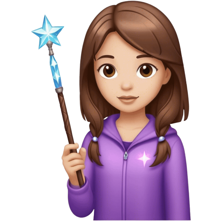 Girl with straight Brown hair and a wand with sparkles emoji