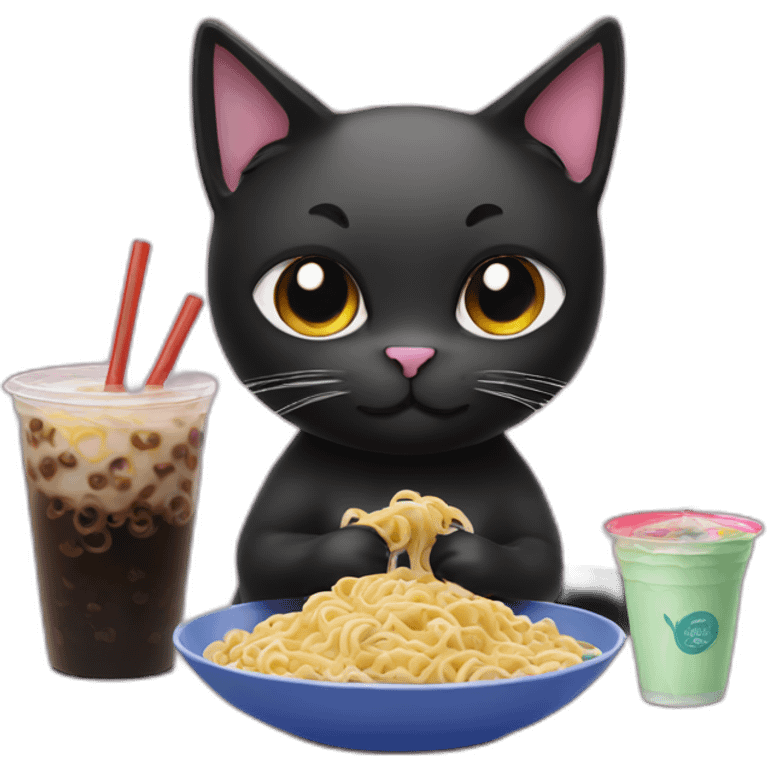 black cat eating noodles next to bubble tea emoji