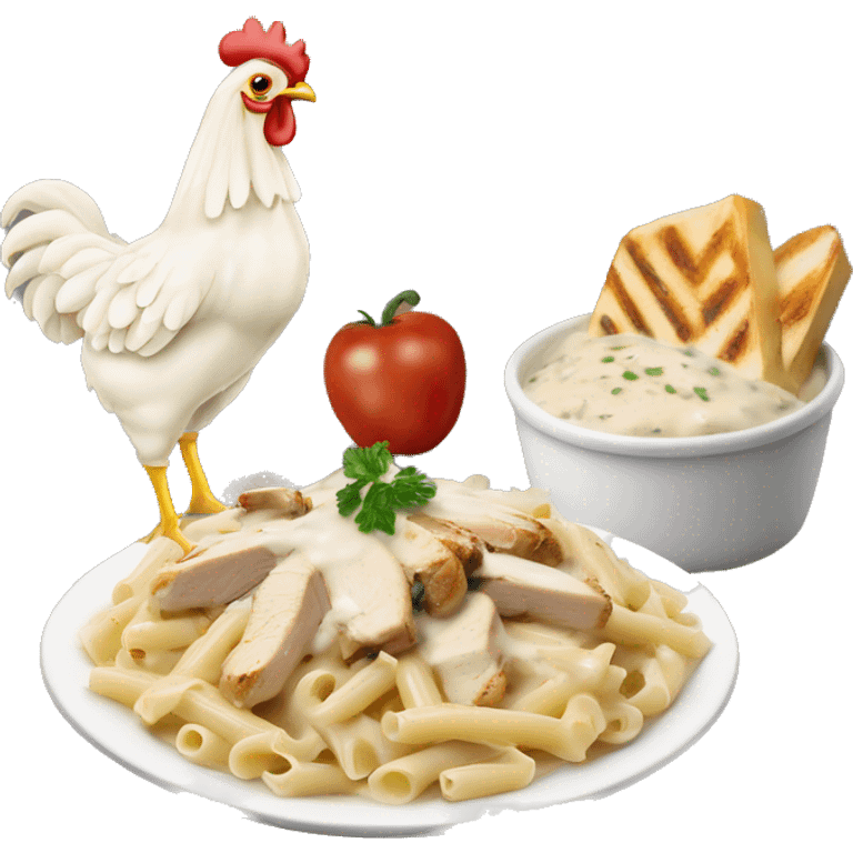 Chicken Alfredo pasta with white crème sauce and grilled chicken on top emoji