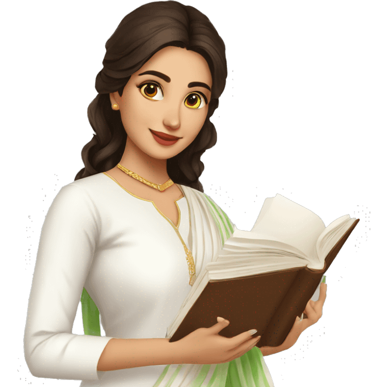 A modern women wearing  simple full white kurti  badhni dupatta and book in hand emoji