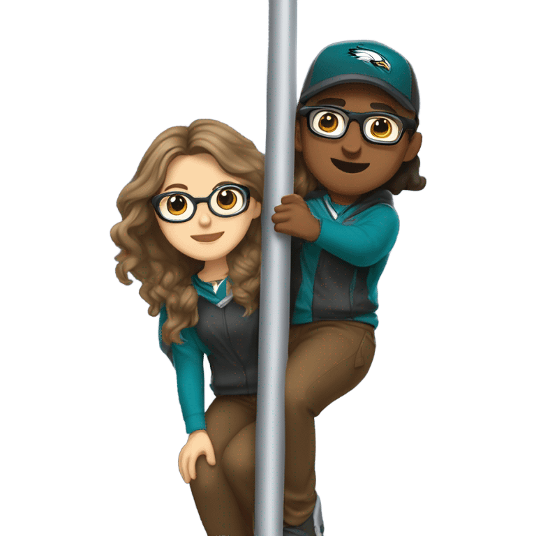 female with long brown hair and glasses and male with light skin and light brown hair who are both eagles fan climbing up a pole emoji