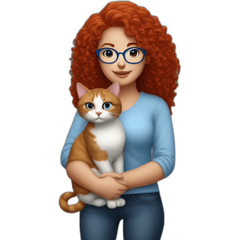 a curvy girl with red curly hair and blue glasses with a white and gray cat in her arms emoji