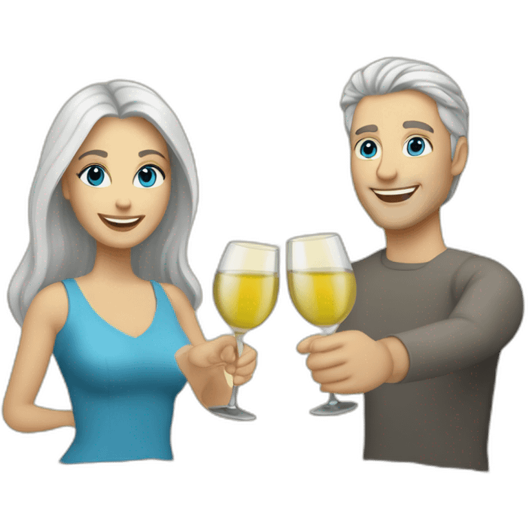 caucasian woman with brown eyes and blond medium long hair and a caucasian man with blue eyes and grey hair, toasting with a glass of white wine emoji