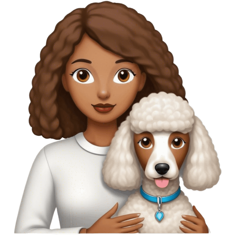 A brown-skinned woman with white standard poodle and straight hair emoji