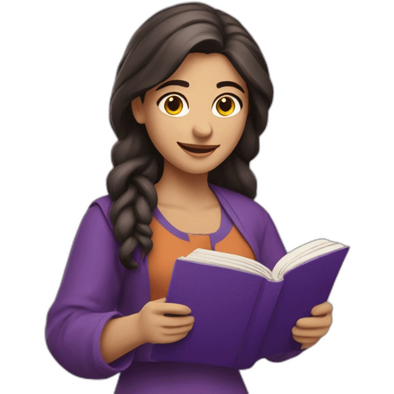 Armenian women with the purple clothes reading book and looking at camera and smiling  emoji