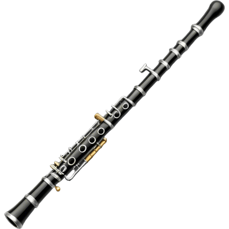 Create an elegant and detailed emoji depicting a black oboe with a cane. The design should showcase the smooth finish of the dark wood oboe with the metal keys clearly visible. A yellow thin bamboo cane should be carefully placed at the top of the instrument, emphasizing its important role in creating sound. Add subtle details such as silver or brass inserts on the keys to emphasize the high quality of the instrument. Use deep black, silver, and wood tones for the oboe to emphasize its refined appearance. The background should be transparent. emoji