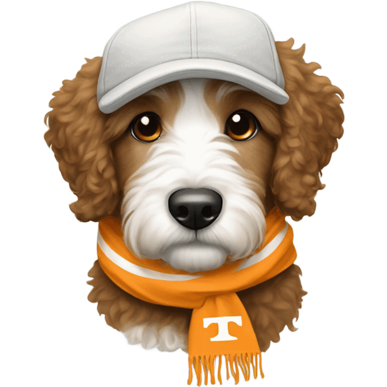 Bernedoodle with University of tennessee hat and scarf emoji